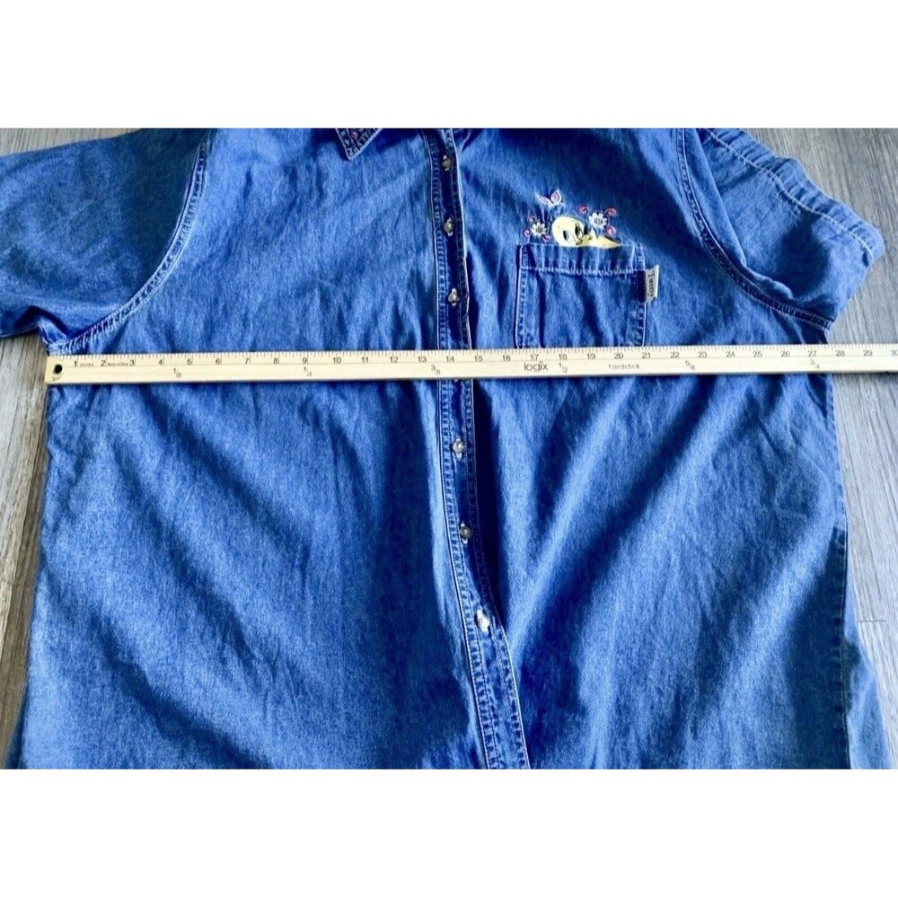 Warner Bro Looney-Tunes 1998 Chambray Embroidered Denim Button Up Shirt 26W/28W - Picture 7 of 10
